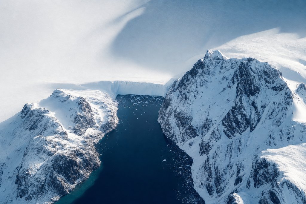 Aerial view of a narrow dark fjord channel running between steep snow-covered coastal mountains and ending abruptly against an unbroken white wall of snow — the plate for where the complaint chain stops in this province