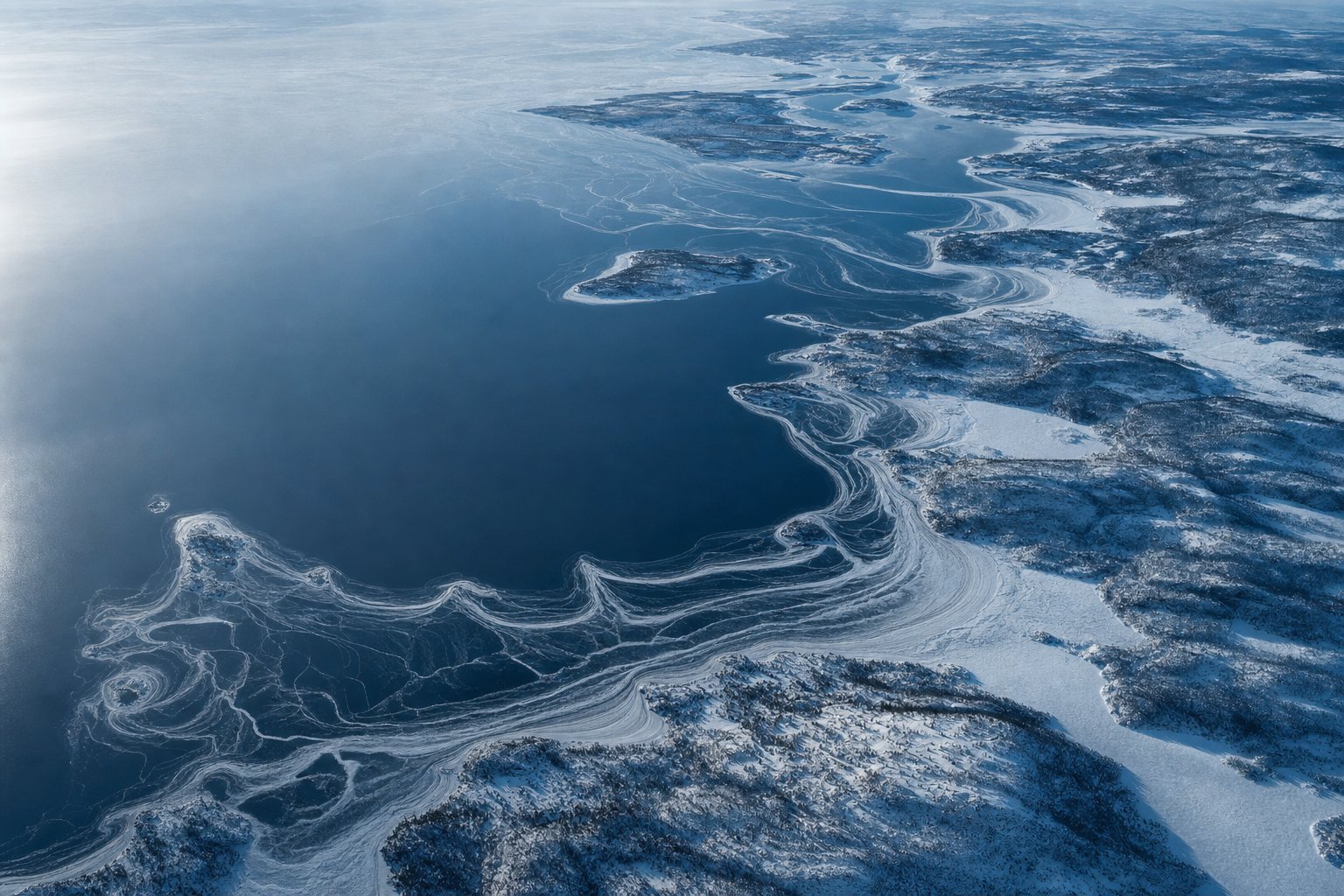 Aerial view of a frozen Canadian lake system, its shorelines forming natural contour patterns across dark water and snow — the plate for the Canadian casino safety index