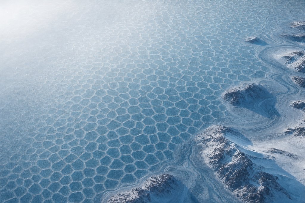 Aerial view of a frozen lake surface showing a perfectly regular field of small identical hexagonal ice cells across the whole frame — the plate for the fairness section