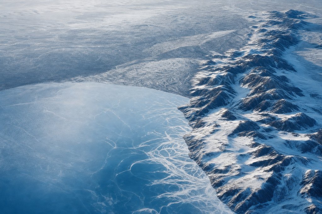Aerial view of a frozen foothills lake where snow-covered mountain ridgelines give way abruptly to a flat open prairie plain — the plate for alberta aglc in the licences section
