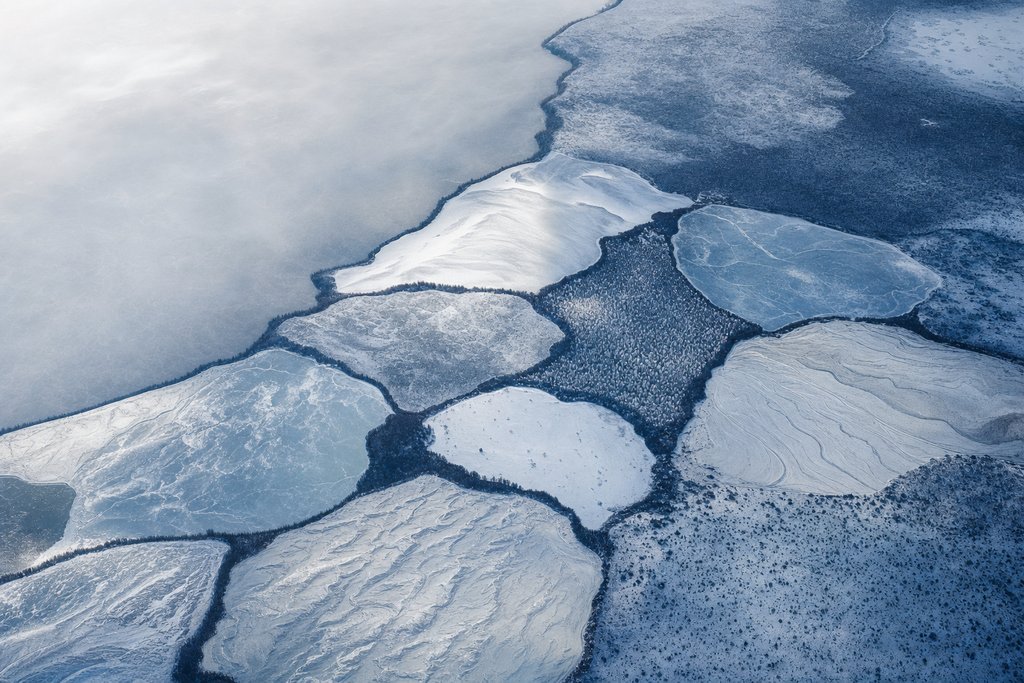 Aerial view of a patchwork of ten adjacent snow-covered territories of clearly different shape and tone, separated by dark natural boundaries — the plate for the provincial index