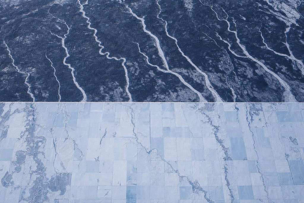 Aerial view of a snow-covered northern landscape split by one perfectly straight boundary line, with irregular dark forest on one side and a pale geometric grid of cleared fields on the other — the plate for why protection is compared by province
