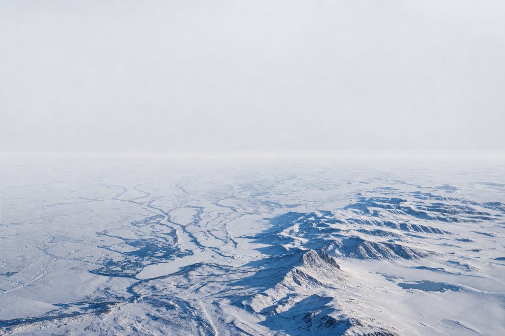 Aerial view of a vast snow plain whose nearest third is rendered in crisp detail while the remainder dissolves into flat featureless pale haze — the plate for the three criteria judgeable nationally