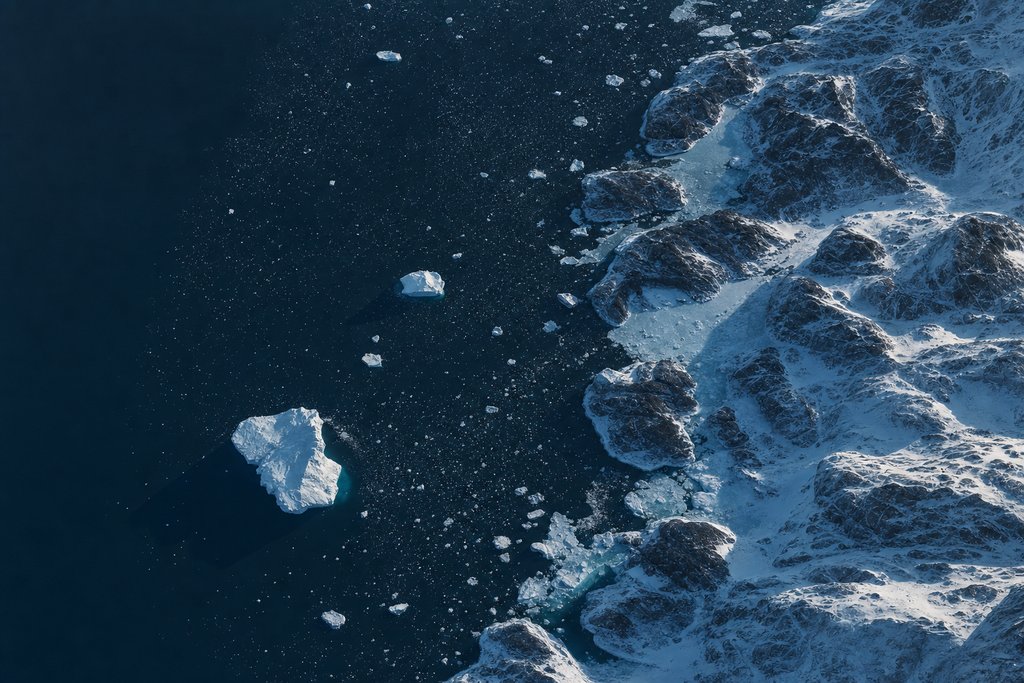Aerial view of drifting sea ice off a rugged island coastline, scattered pale floes on dark cold ocean — the plate for the Prince Edward Island and Newfoundland safety index