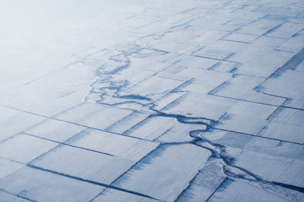 Aerial view of snow-covered prairie farmland — an almost geometric patchwork of pale fields divided by darker shelterbelts — the plate for the Saskatchewan safety index